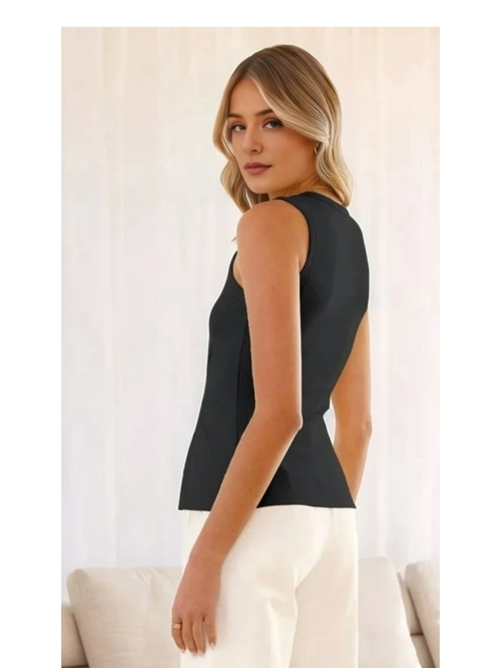SYNEELIFE - Large Sleeveless Button Up Shirt Women Slim Fitted Vest Top - Picture 2 of 8